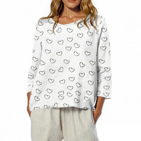 EchfiProm Funny Shirts for Women White 3/4 Sleeve Pullover Casual Cotton Linen Floral Crew Neck Loose Fit Blouse