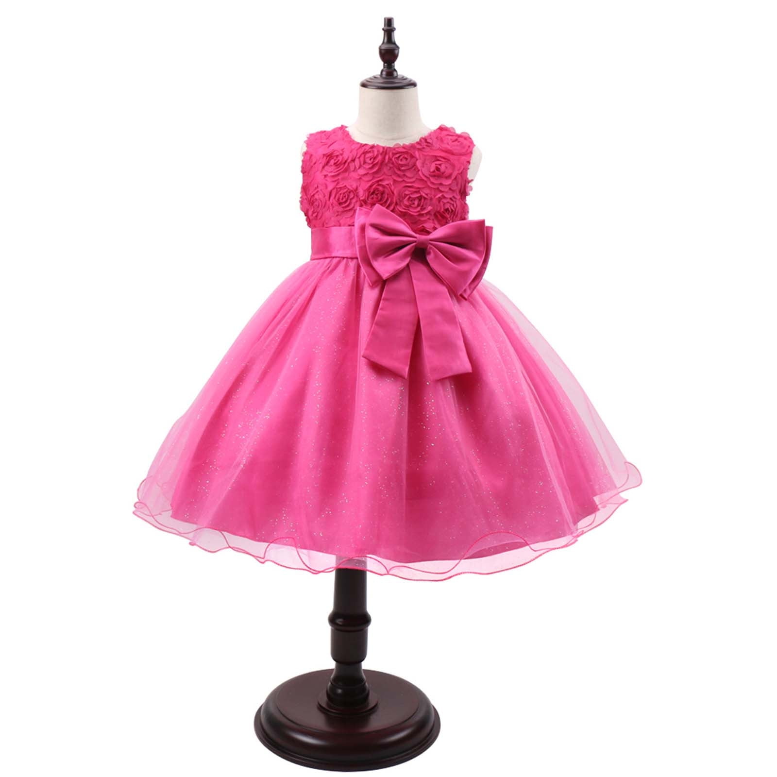EchfiProm Girls formal Dresses Big Girls Child Hot Pink Solid Bow Sleeveless Bowknot Gown Dress