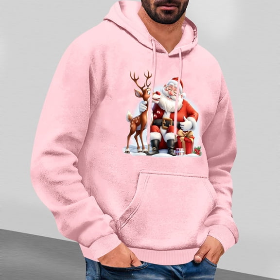 EchfiProm Graphic Hoodies for Men Pink Pullover with Pockets Hooded Christmas Santa Mens Sweatshirt Xmas XL