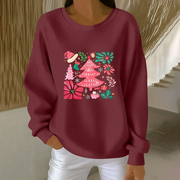 EchfiProm Graphic Merry Christmas Sweatshirts for Women Plus Size Pullover Sweatshirt Oversized Hoodless Xmas Ladies Clothes Long Sleeve