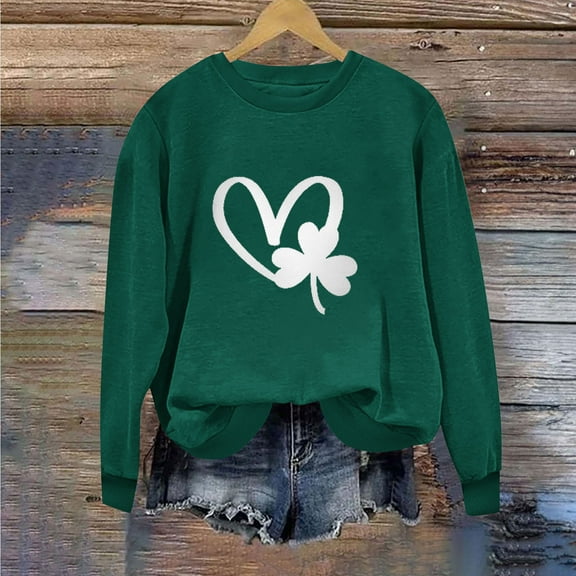 EchfiProm Graphic Sweatshirt for Women Green Pullover St.Patricks Day Crewneck Heart Shamrocks Long Sleeve Ladies Shirts