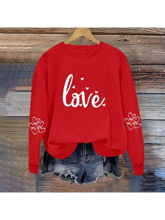 Graphic Sweatshirts for Women Red Soft Pullover Crewneck Christmas Valentine Day Long Sleeve Love Hers Shirs