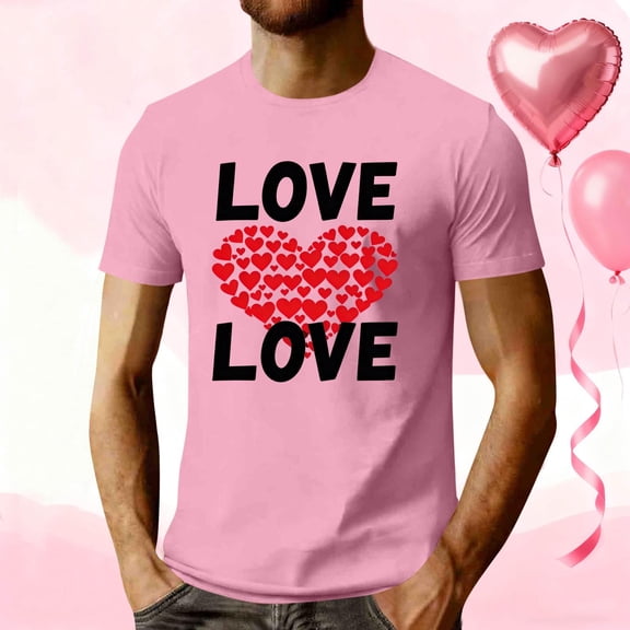 EchfiProm Graphic Tees for Men Short Sleeve Shirts Pink Graphic Basic Love Heart Young Mens Tops M