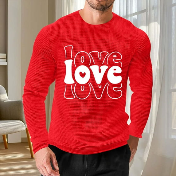 EchfiProm Graphic Tees for Men Waffle Red Shirts Valentine Long Sleeve Basic Young Mens Tops Graphic M