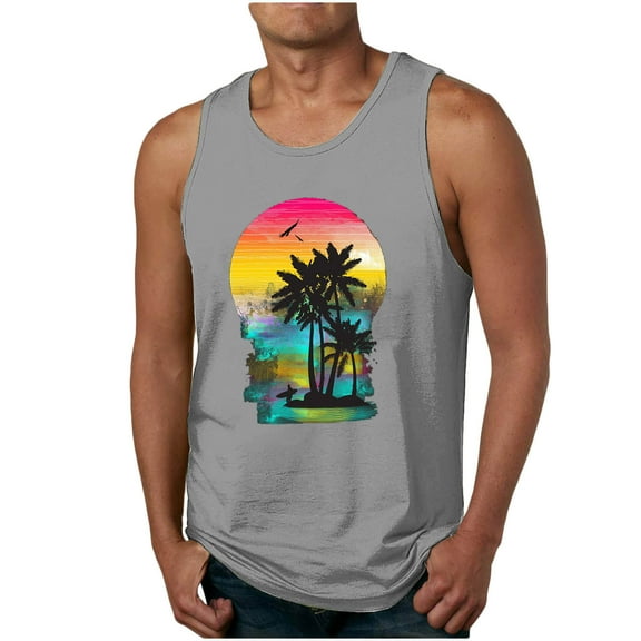 EchfiProm Gray Mens Training Shirts Sleeveless Tank Tops Tropical Hawaiian Palm Tree Round Neck Quick Dry Shirts XXL
