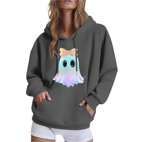 EchfiProm Gray Sweatshirt for Womens Oversized with Pocket Hooded Ghost Print Long Sleeve Ladies Tops Pullover L