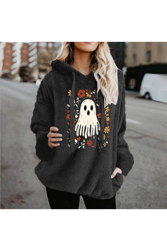 Gray Sweatshirts for Womens with Pockets Hoodies Comfy Long Sleeve Pullover Ghost Fleece Ladies Tops Oversized