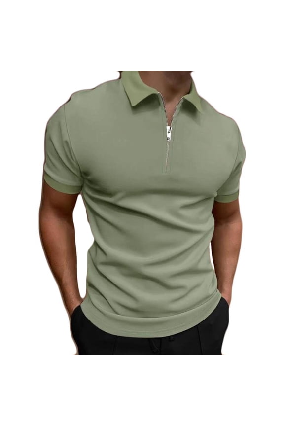Green Mens Lightweight Shirts V Neck Short Sleeve Solid Polo Shirts Slim Fit Casual Tops S