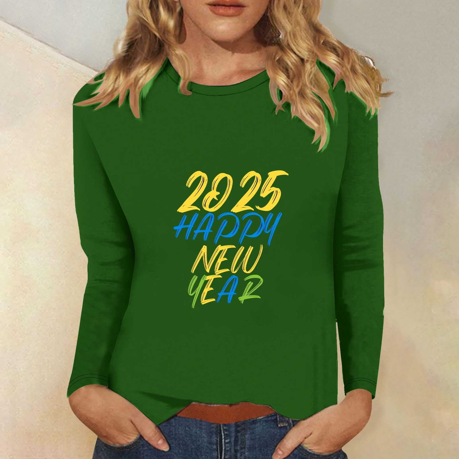EchfiProm Green Tops for Womens Holiday Long Sleeve Happy New Year 2025 Cute Crewneck T shirts S
