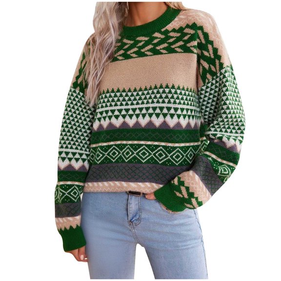 EchfiProm Green Women Sweater Graphic Fall Pullover Crew Neck Fair Isle Comfy Long Sleeve Sweater Top