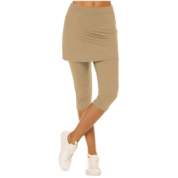 EchfiProm Gym Leggings for Women Khaki Capri Yoga High Rise Elastic Waist Workout Faux Two-Piece Skirt Pants
