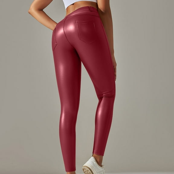 EchfiProm High-waisted Leggings for Women Elastic Waist 2023 Winter Faux Leather Tights Sports Cozy Flexible Legging