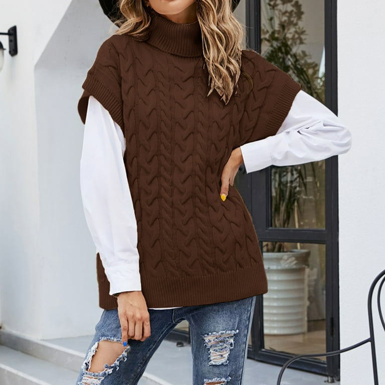 EchfiProm Holiday Sweaters for Women Cable Knit Casual Coffee Short Sleeve Solid Color Turtleneck Sweater Pullover