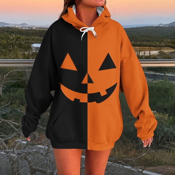 EchfiProm Hooded Sweatshirt for Womens Black Oversized with Pocket Pullover Pumpkin Print Long Sleeve Ladies Tops Trendy L