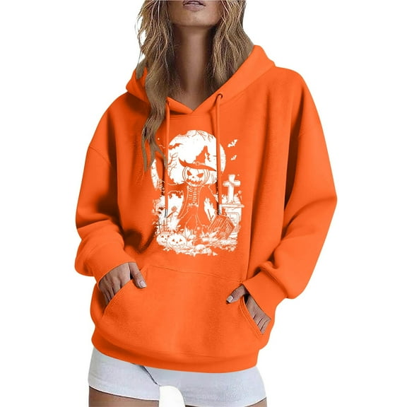 EchfiProm Hooded Sweatshirt for Womens Oversized Orange Pumpkin Print with Pocket Long Sleeve Ladies Tops Pullover 3XL