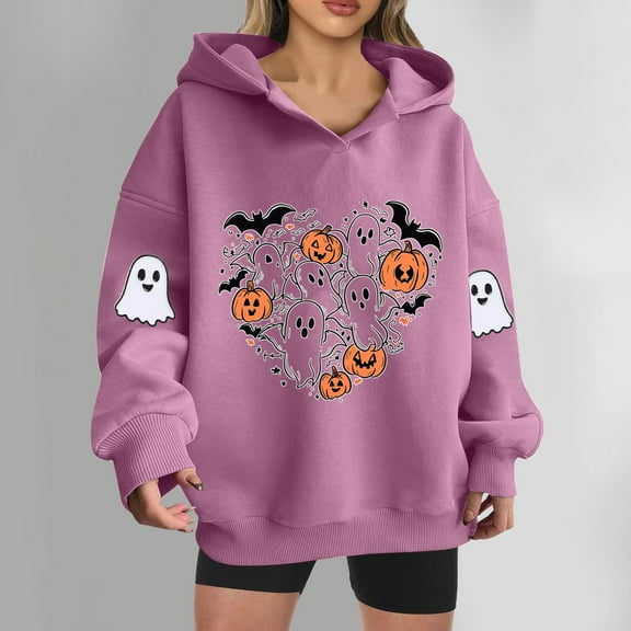 EchfiProm Hooded Sweatshirt for Womens Pink Oversized Ghost Print Fall Heavyweight Pullover Ladies Tops S