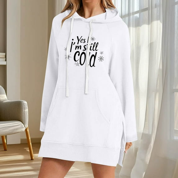 EchfiProm Hooded Sweatshirt for Womens White Hoodies Pullover Letter with Pockets Ladies Tunic Tops Long Sleeve
