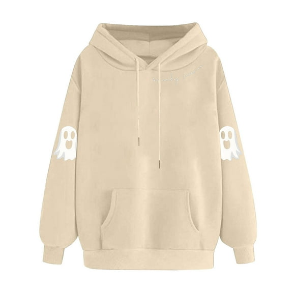 EchfiProm Hooded Sweatshirts for Womens Oversized with Pocket Casual Ghost Print Yellow Pullover Ladies Tops Long Sleeve S