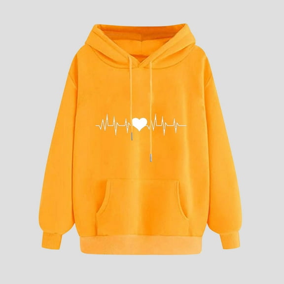 EchfiProm Hooded Womens Sweatshirts Trendy Heart Crew Neck Yellow Hoodie Long Sleeve Soft Casual Sweatshirt S