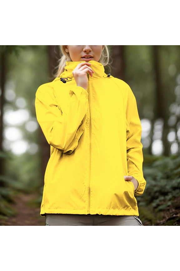 Hooded Womens Waterproof Rain Jacket Lightweight Yellow Camping Windproof Hooded Zip-up Coat