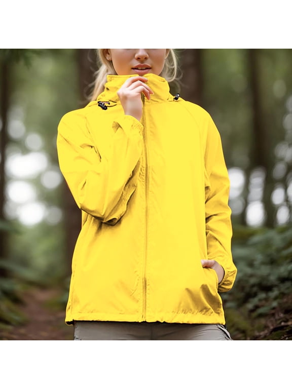 Hooded Womens Waterproof Rain Jacket Lightweight Yellow Camping Windproof Hooded Zip-up Coat