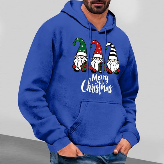 EchfiProm Hoodies for Men Merry Christmas Pullover with Pockets Blue Hooded Xmas Graphic Mens Sweatshirt 2XL
