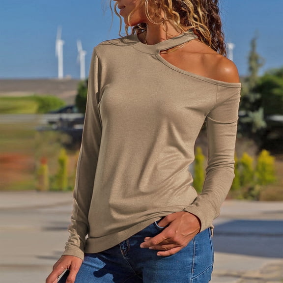 EchfiProm Khaki Tops for Women Plain Pullover Off the Shoulder Fall Long Sleeve Crew Neck Relaxed Fit Womens T-Shirt