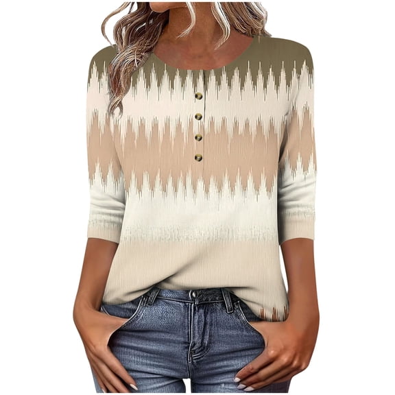 EchfiProm Khaki Tops for Women Pullover 3/4 Sleeve Fall Crew Neck Colorblock Womens T-Shirt