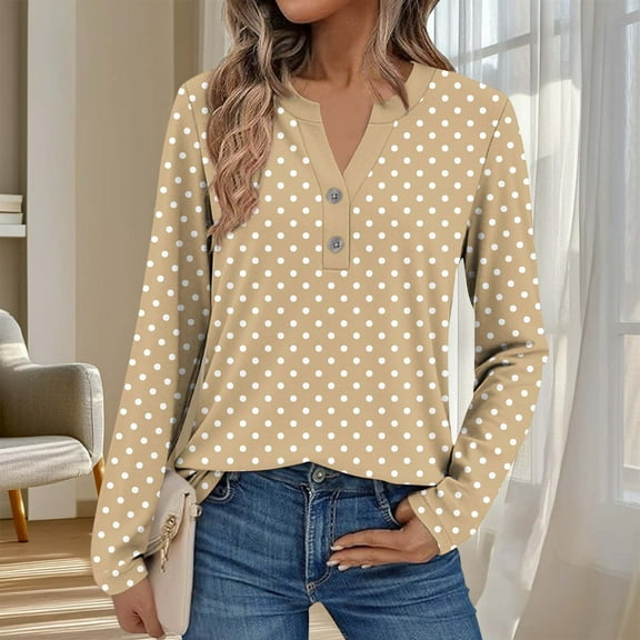 EchfiProm Khaki Women Tops Trendy Work Long Sleeve Classic Fit V Neck Polka Dot Button Shirts