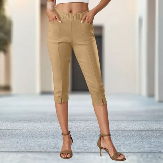 EchfiProm Khaki Yoga Leggings for Women with Pockets Capri Sports Elastic Waist High Waisted Running Pants