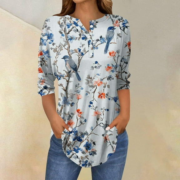 EchfiProm Light Blue Tops for Women Trendy New Arrivals V Neck Floral 3/4 Sleeve Relaxed Fit Button Shirts