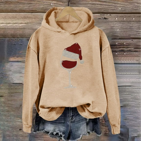EchfiProm Lightweight Women Sweatshirts Pullover Khaki Hoodie Rhinestone Relaxed Fit Long Sleeve Graphic Sweatshirt