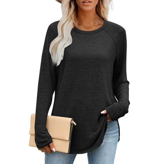 EchfiProm Long Sleeve Shirts for Women Black Tops Tunic Blouse Solid Relaxed Fit Crew Neck Womens