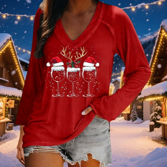 EchfiProm Long Sleeve Shirts for Women Red V Neck Dressy Casual Snowflakes Xmas Females T Shirts Christmas