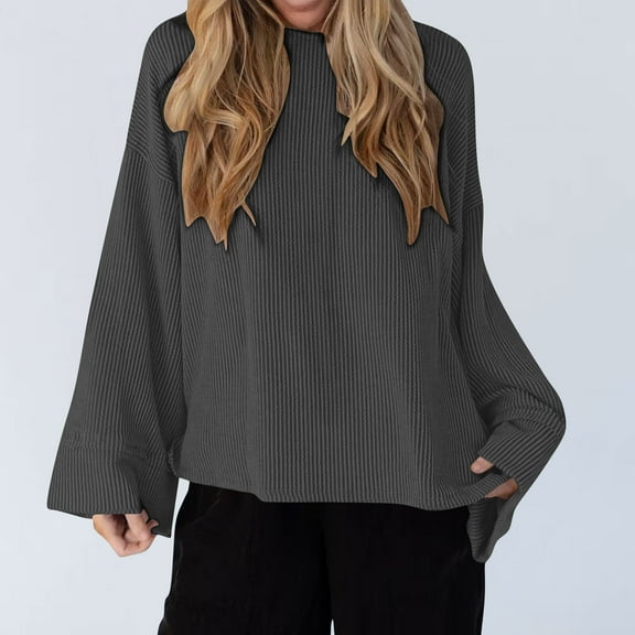 EchfiProm Long Sleeve Tops for Women Bell Sleeve Pullover Black Ribbed Crew Neck Fall Solid Womens Sweater