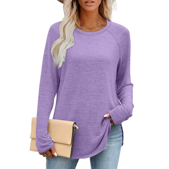 EchfiProm Long Sleeve Tops for Women Crew Neck Purple Shirts Relaxed Fit Tunic Blouse Trendy Womens