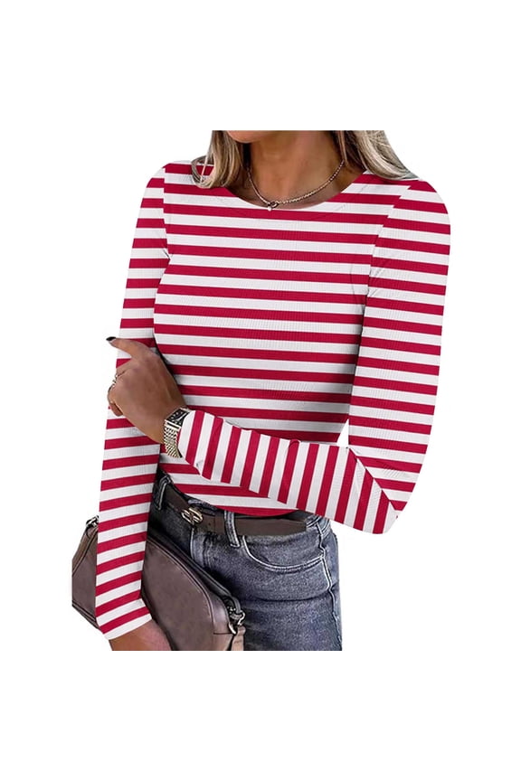 Long Sleeve Tops for Women Fall Ribbed Slim Red Striped Crew Neck Ladies T-Shirt