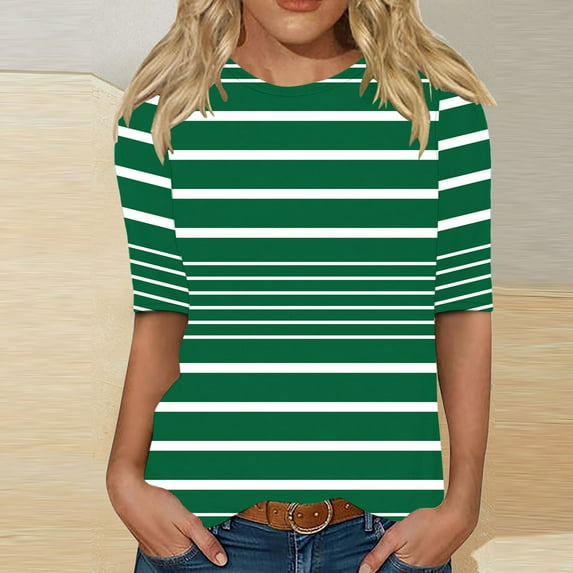 EchfiProm Long Sleeve Tops for Women Relaxed Fit Pullover Striped Army Green Y2k Womens T-Shirt Crew Neck