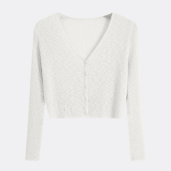 EchfiProm Long Sleeve Tops for Women V-Neck Relaxed Fit Ribbed Fall Womens Cardigan White