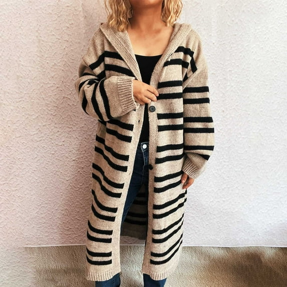 EchfiProm Long Sweaters Women Striped Khaki Winter Duster Outfits Button down Knit Long Sleeve Hooded Sweater Coat L