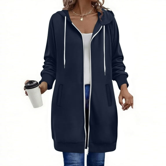 EchfiProm Long Sweatshirt for Women Zipper Hooded Navy Two-Way Zipper Long Sleeve Loose Jacket