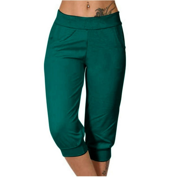 EchfiProm Loose Capri Pants for Women Green Athleisure Solid Color Slim Straight Capris XXL