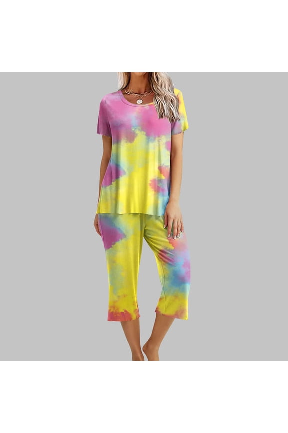 Loungewear for Women 2 Piece Set Multicolor Short Sleeve Shirts Capris Sleepwear Sets XXL