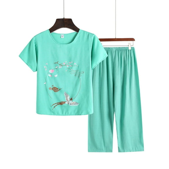 EchfiProm Loungewear for Women Set Mint Green Short Sleeve Shirts Capris Cotton Sleepwear Sets XXL