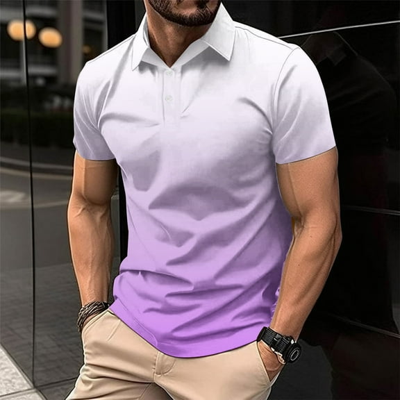 EchfiProm Men Casual Shirts Short Sleeve Purple Cotton Linen Solid Color V Neck Polo Shirts L