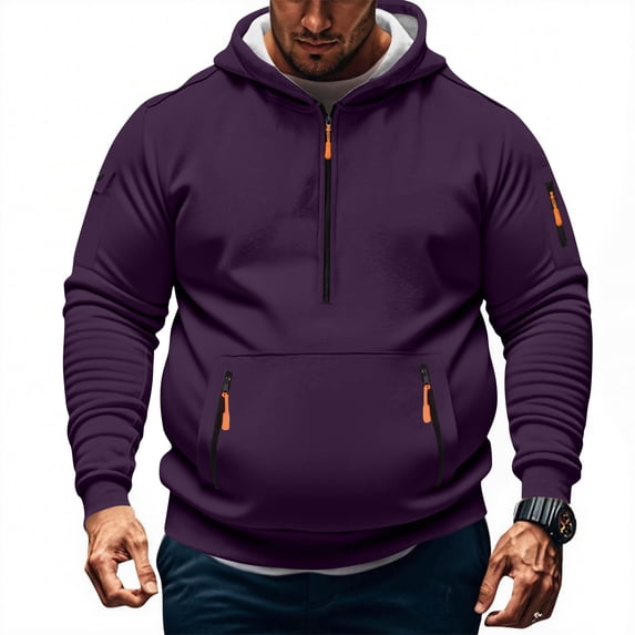 EchfiProm Mens 1/4 Zip Hoodies Daily Wear Sweatshirt Fleece Purple Plain Long Sleeve Tops for Men M