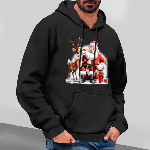 EchfiProm Mens Black Hoodies Christmas Santa Graphic with Pockets Xmas Hooded Pullover Sweatshirt for Men Winter 2XL