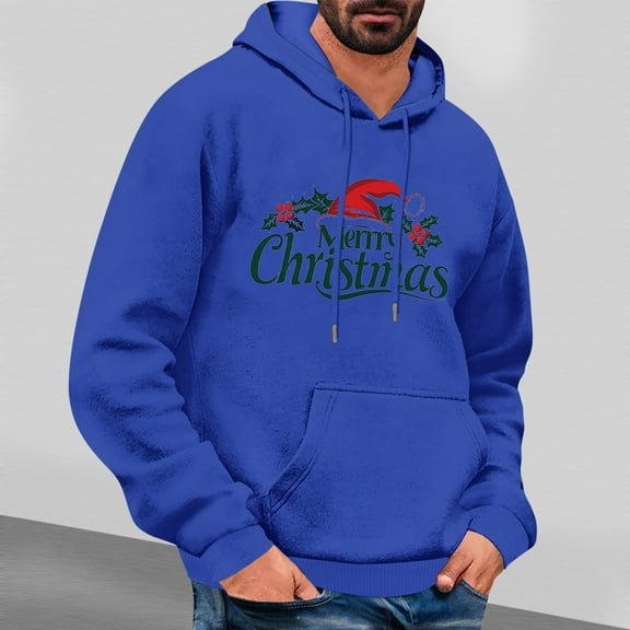 EchfiProm Mens Blue Hoodies Pullover with Pockets Graphic Funny Xmas Hooded Sweatshirt for Men Merry Christmas 2XL