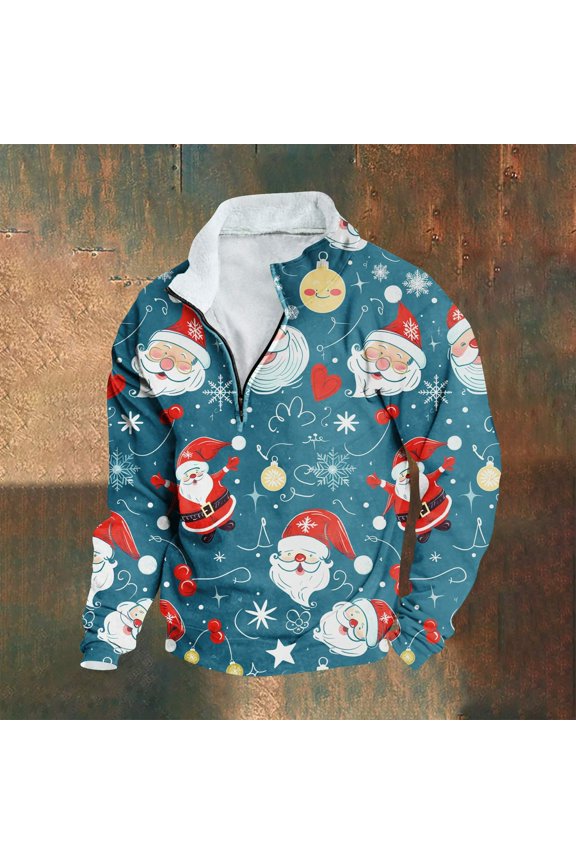 Mens Christmas Sweatshirts Greflying Zipper Graphic Fleece Xmas Mock Neck Shirts for Men Essentials L