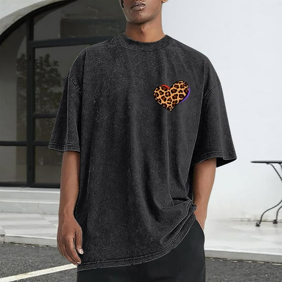 EchfiProm Mens Cotton Graphic Tees Short Sleeve Shirts Black Heart Graphic Athletic Valentine Tops for Adult S